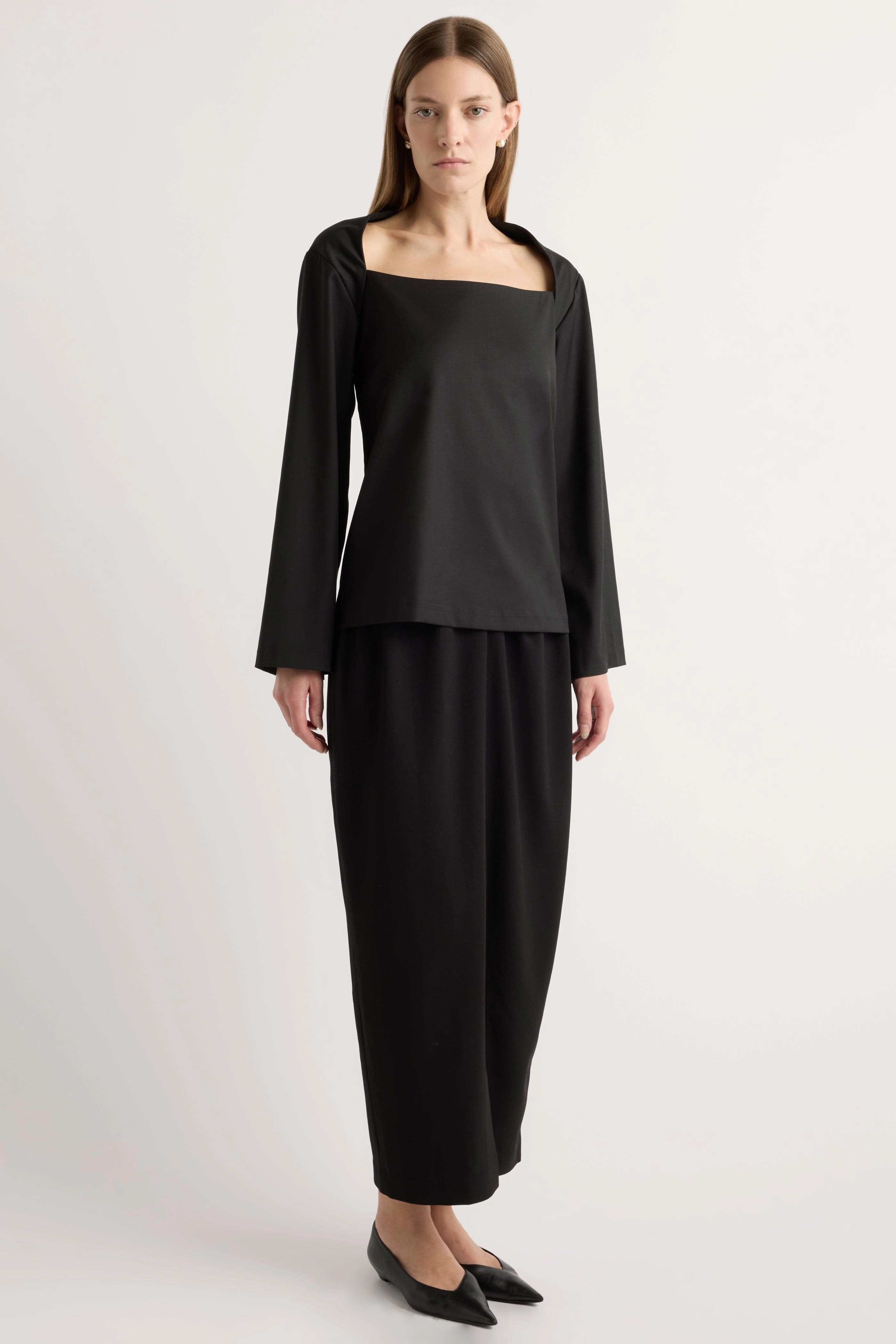 Double Layered Hem Reinforcement Tatiana Wide-Neck Flare-Sleeve Blouse