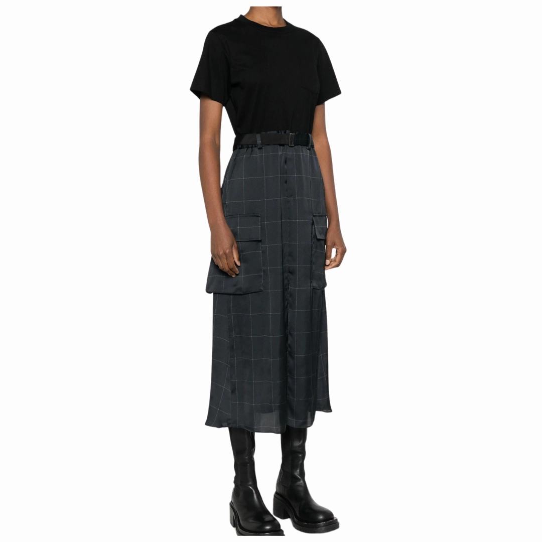 Comfortable Style Waist Seam Windowpane T-Shirt Dress