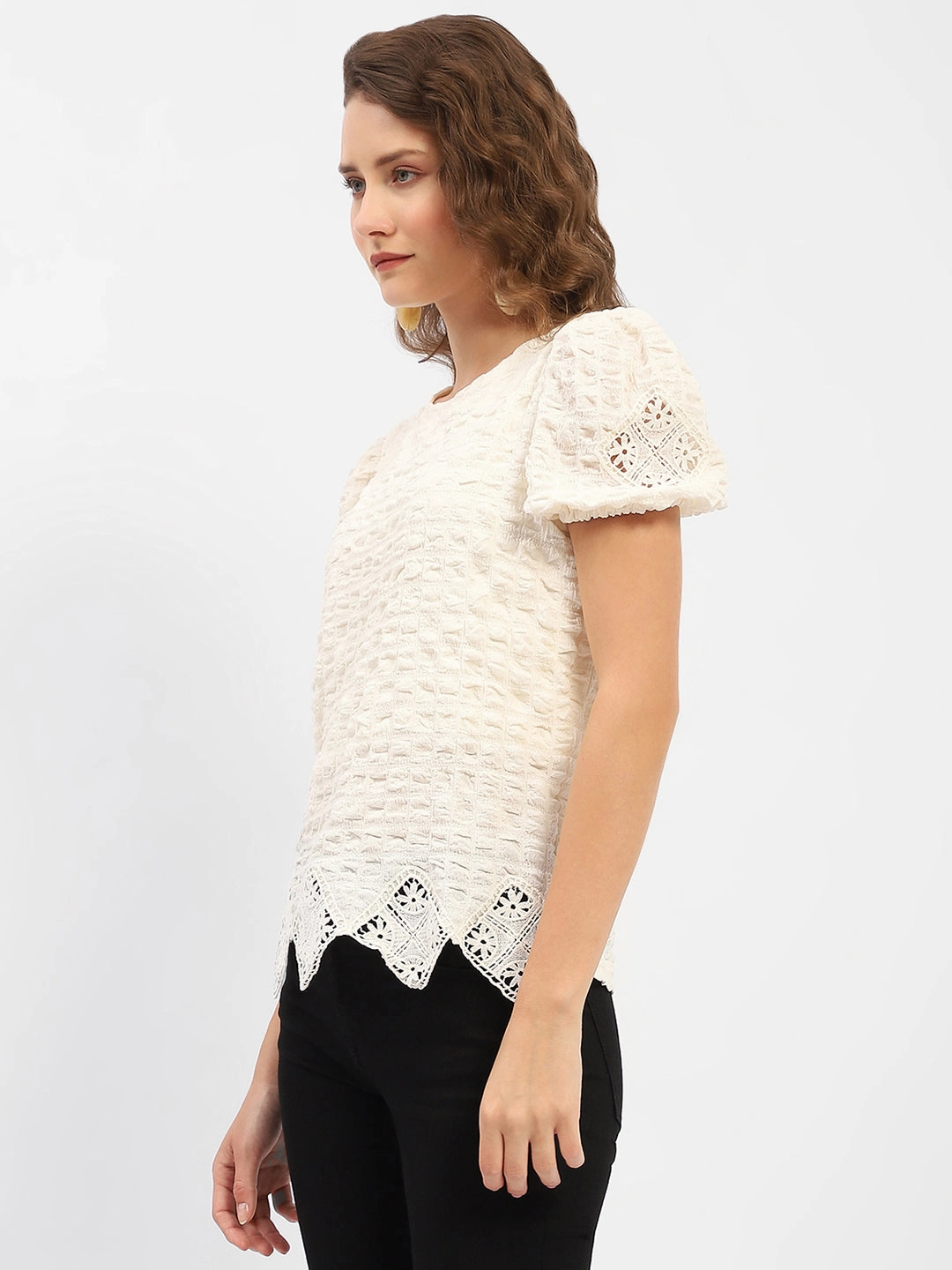 HiddenStoragePocket Wear Resistant Edge Madame Textured Off-White Embellished Top