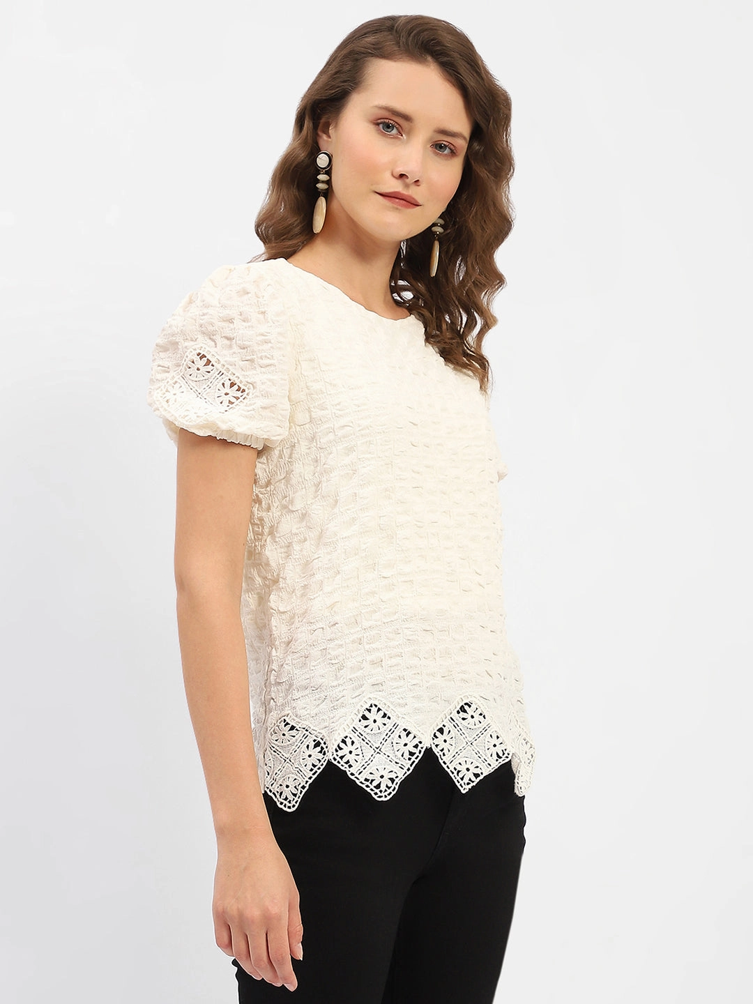MoistureWickingTechnology Madame Textured Off-White Embellished Top