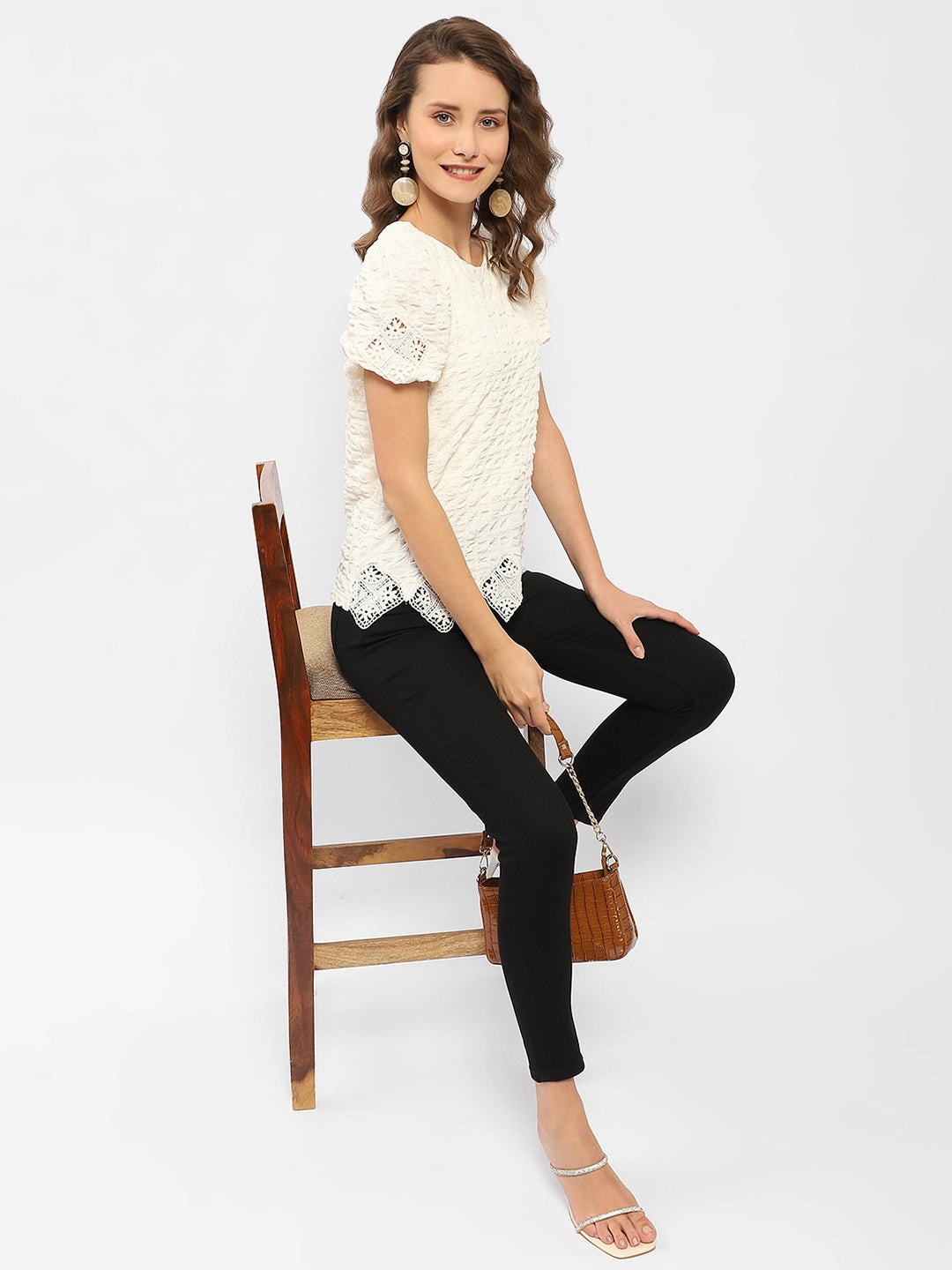 Cozy Blouse V-neck Blouse Madame Textured Off-White Embellished Top