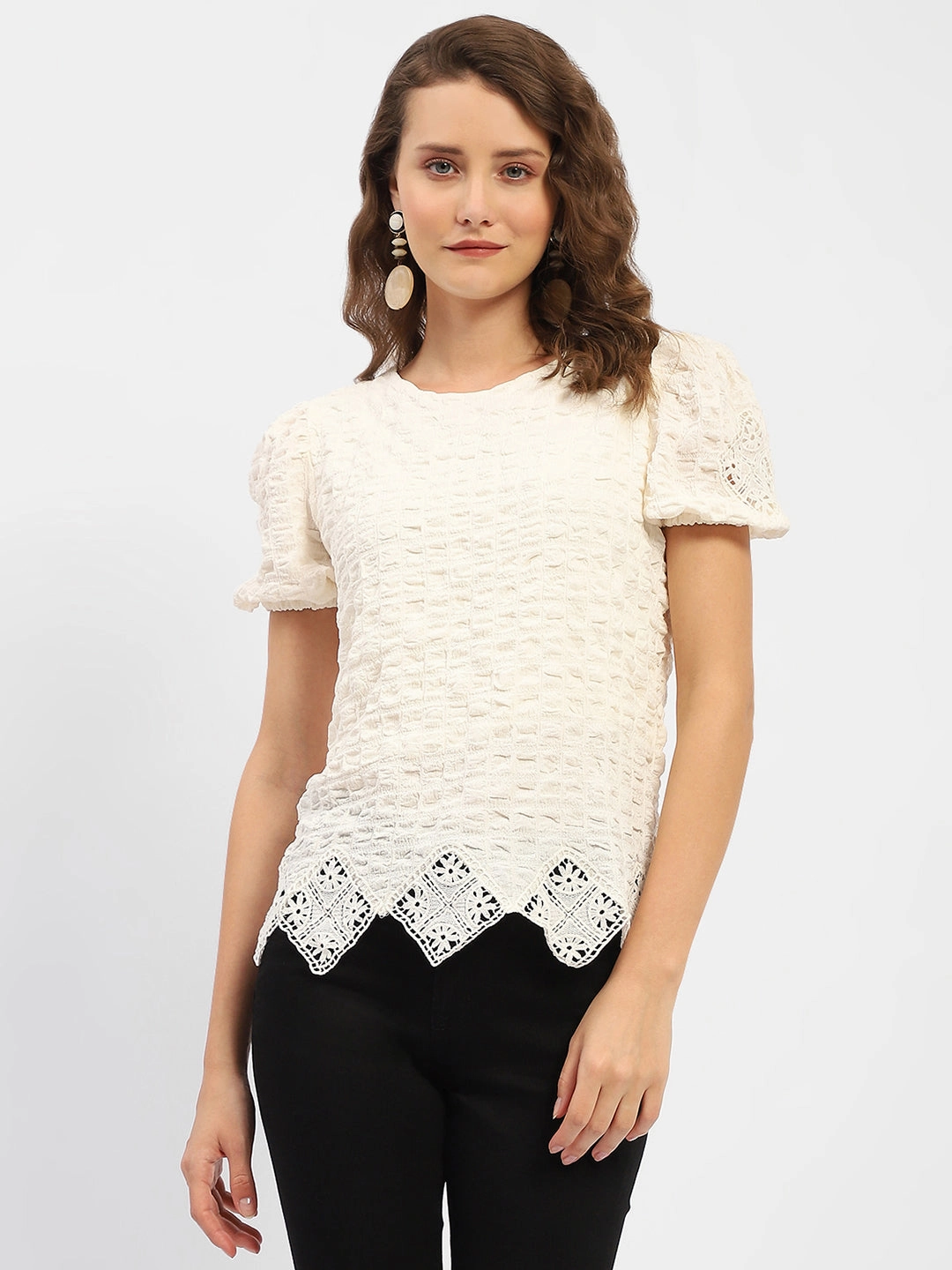 Madame Textured Off-White Embellished Top elegant design ThermalRegulationLayer