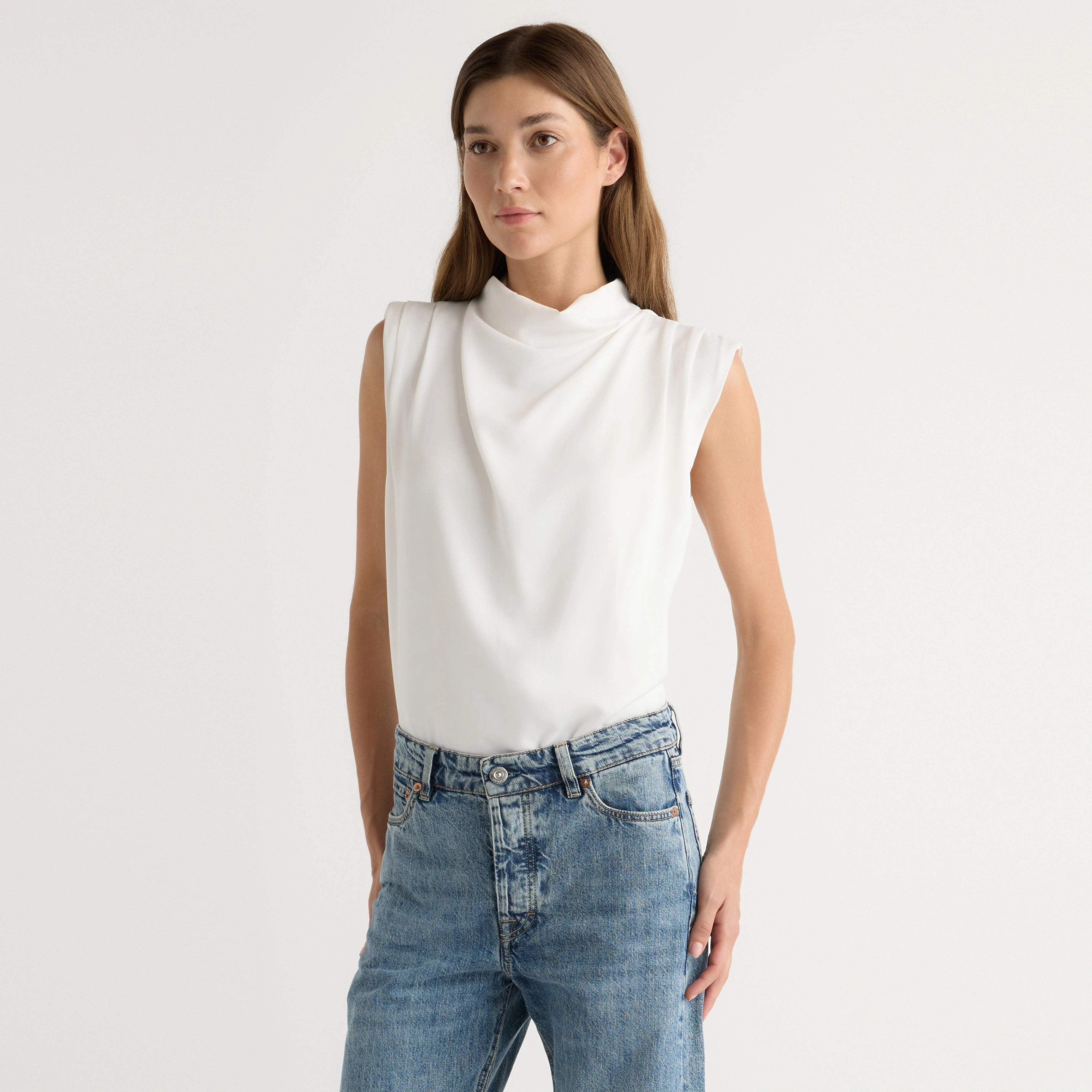Minimalist Stitching Allegra Gathered-Neck Sleeveless Blouse