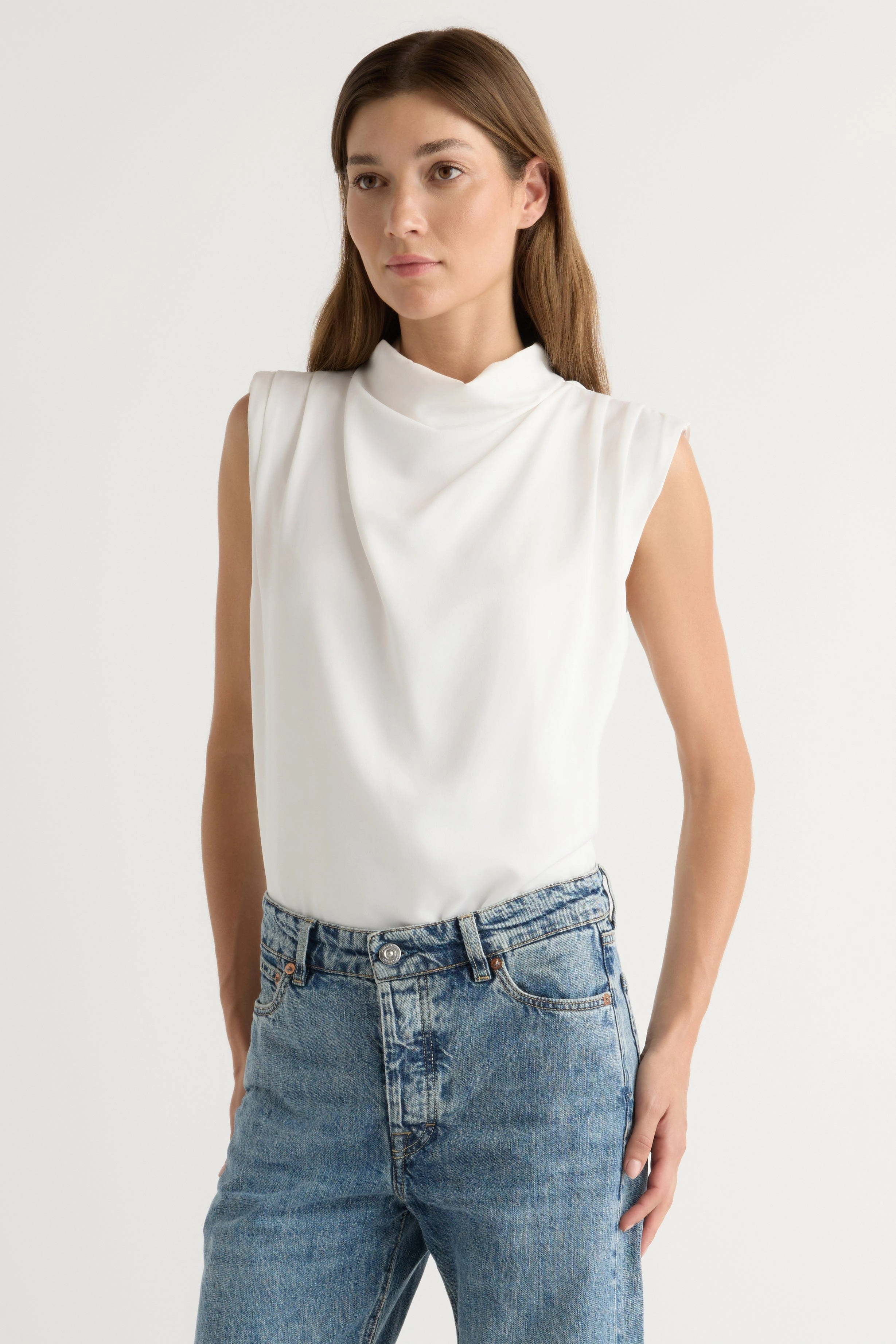 Allegra Gathered-Neck Sleeveless Blouse Garment Washed FourWay Stretch Fabric