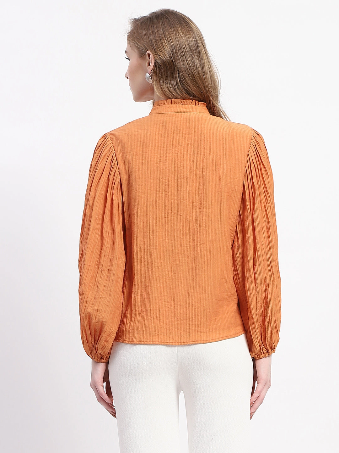 Madame Mock Neck Solid Orange Cotton Blend Top EcoCertified Material