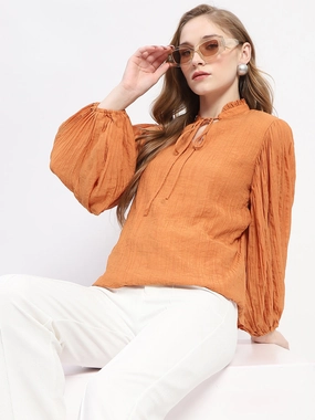 Variable Tension Adjustment Madame Mock Neck Solid Orange Cotton Blend Top