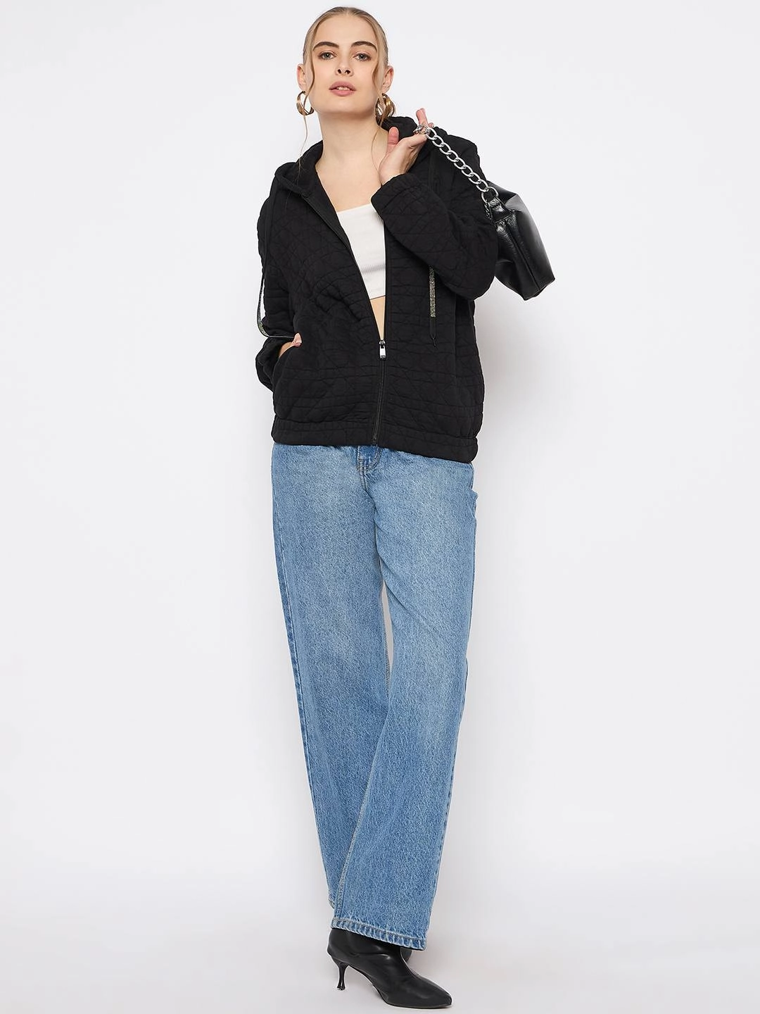 Madame Knitted Self-Textured Zipped Black Hooded Sweatshirt fade resistance