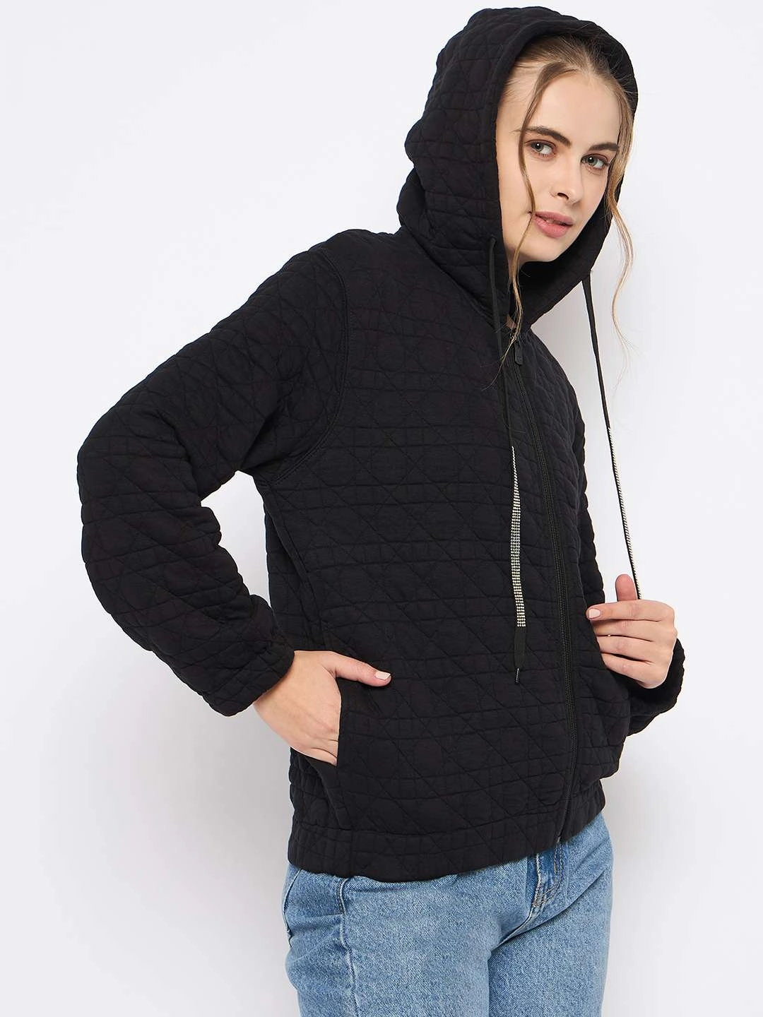 Madame Knitted Self-Textured Zipped Black Hooded Sweatshirt product shiny sparkle