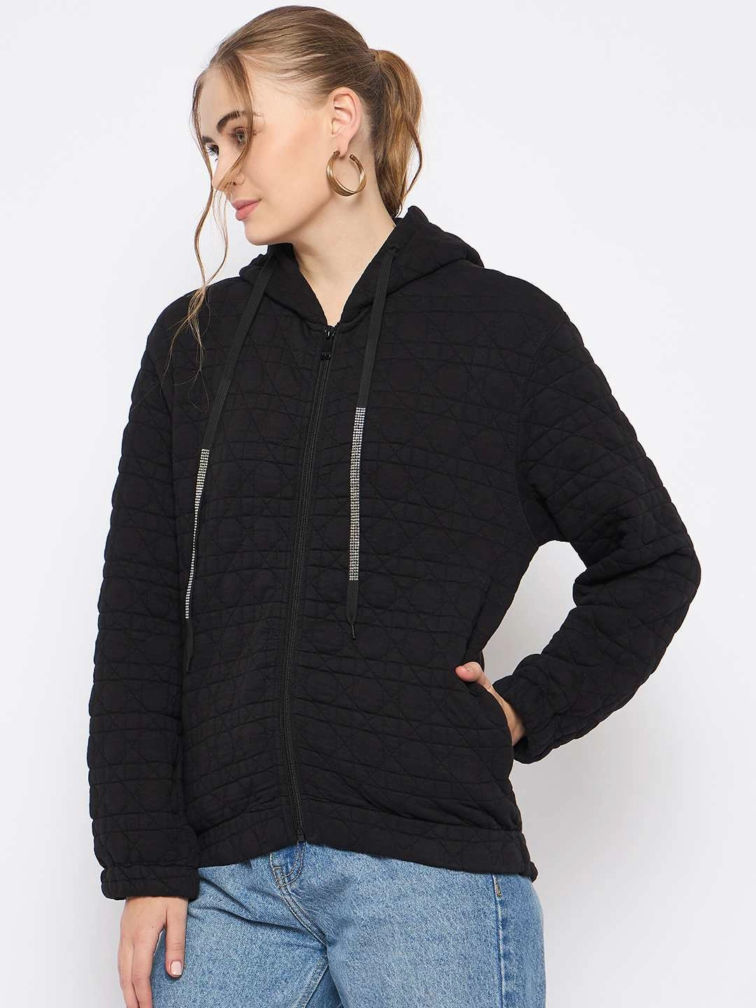 Madame Knitted Self-Textured Zipped Black Hooded Sweatshirt product festival wearability All-Weather Wear