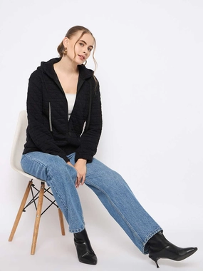 Urban Cool anti static coating Madame Knitted Self-Textured Zipped Black Hooded Sweatshirt