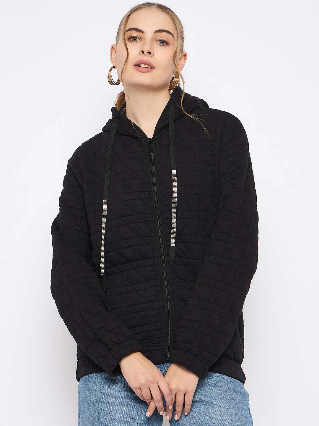 Versatile Design Madame Knitted Self-Textured Zipped Black Hooded Sweatshirt