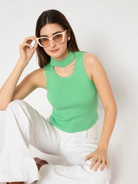 Madame Green Ribbed Sleeveless Cutout Sweater Layered Look Breathable Comfort Fit