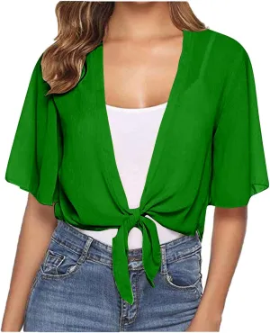 Women Bolero Shrug Summer Lightweight Shrugs Chiffon Cardigan Tops Short Sleeve Tie Front Cropped Top Cover Ups Dress