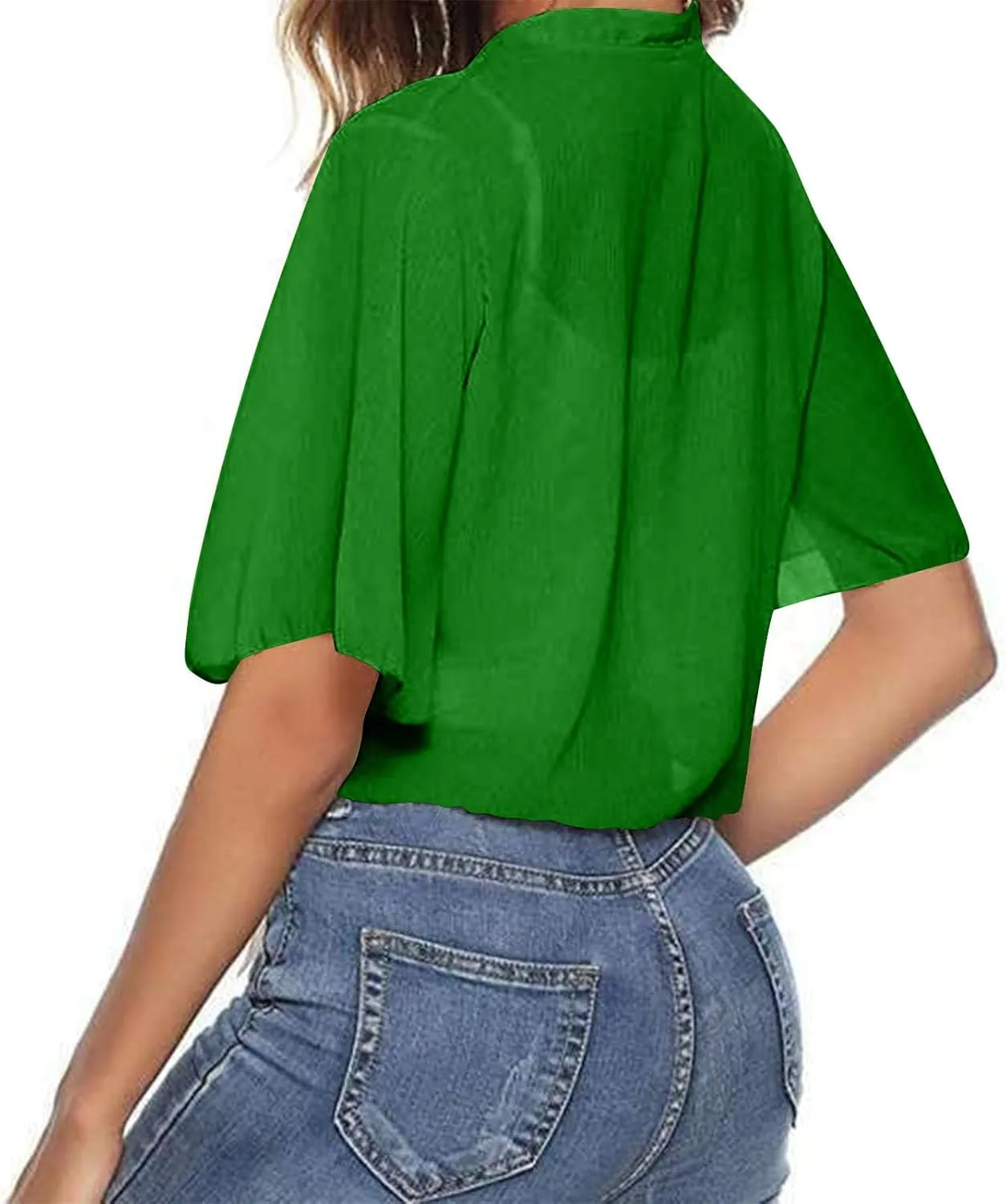 Women Bolero Shrug Summer Lightweight Shrugs Chiffon Cardigan Tops Short Sleeve Tie Front Cropped Top Cover Ups Dress