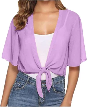 Women Bolero Shrug Summer Lightweight Shrugs Chiffon Cardigan Tops Short Sleeve Tie Front Cropped Top Cover Ups Dress