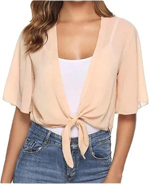Women Bolero Shrug Summer Lightweight Shrugs Chiffon Cardigan Tops Short Sleeve Tie Front Cropped Top Cover Ups Dress