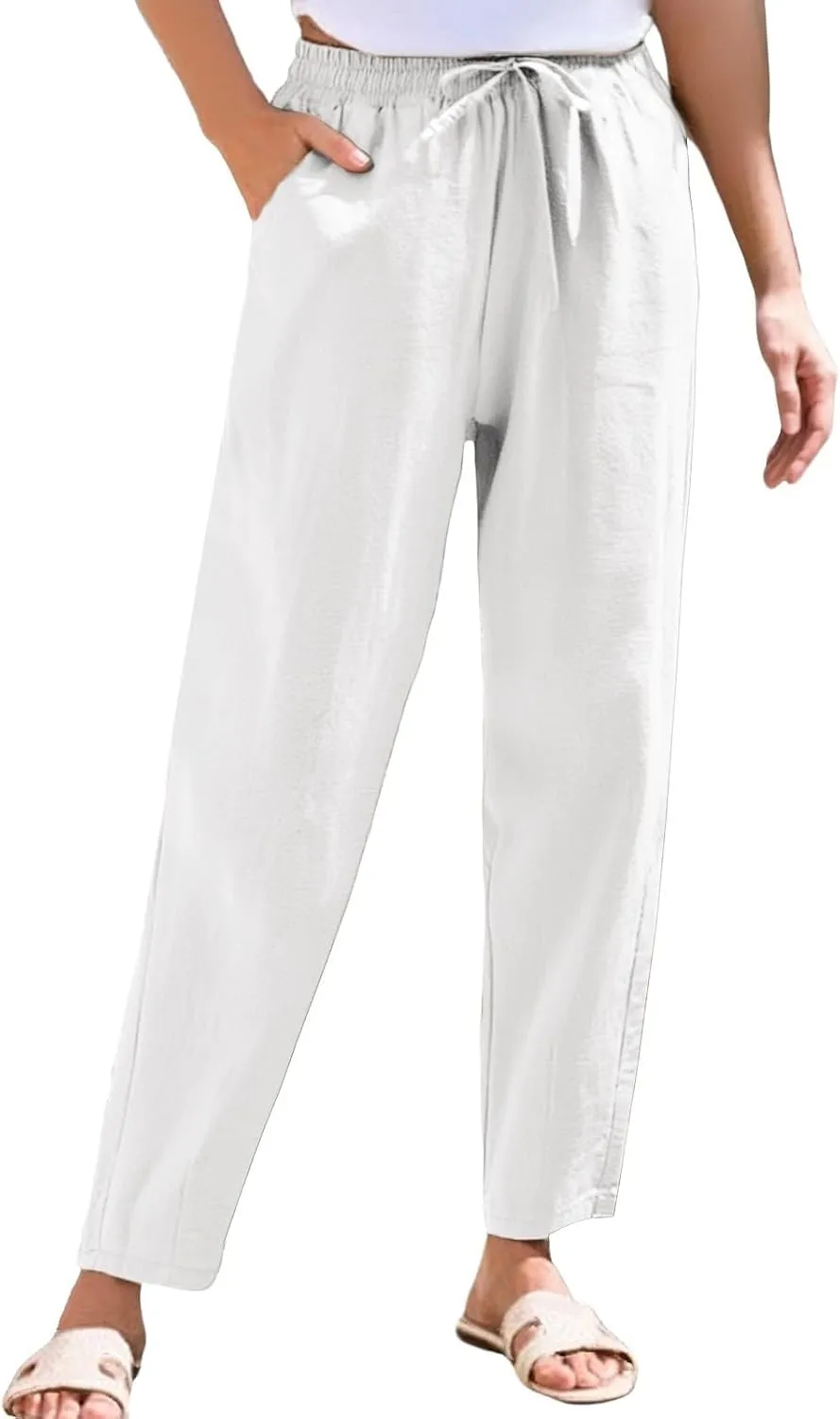 Women Casual Straight Leg Pants Elastic Drawstring Trousers with Pockets 2025 Summer Cotton Linen Beach Lounge Clothes