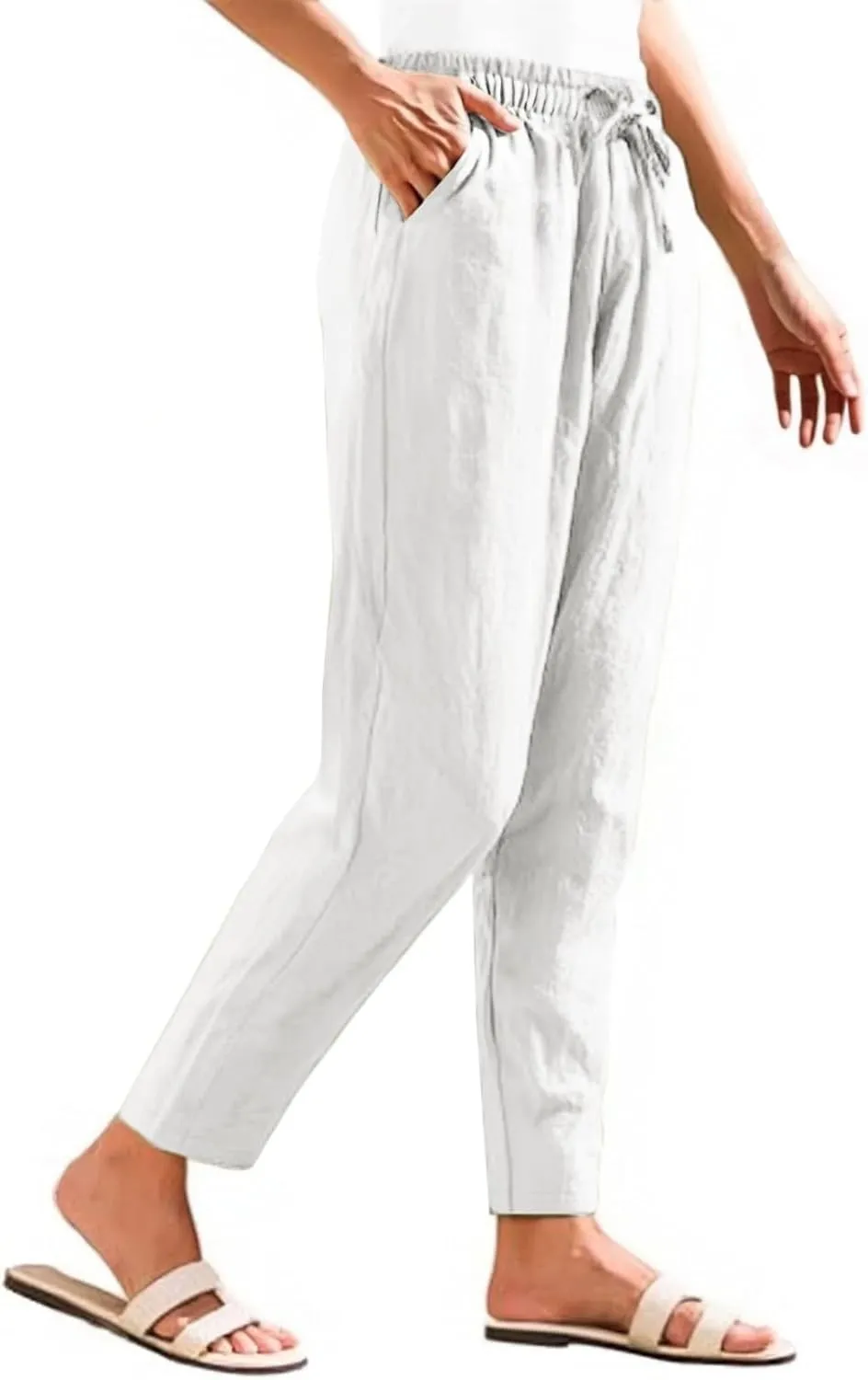 Women Casual Straight Leg Pants Elastic Drawstring Trousers with Pockets 2025 Summer Cotton Linen Beach Lounge Clothes