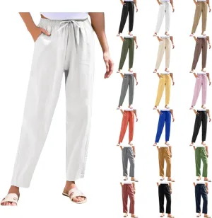 Women Casual Straight Leg Pants Elastic Drawstring Trousers with Pockets 2025 Summer Cotton Linen Beach Lounge Clothes
