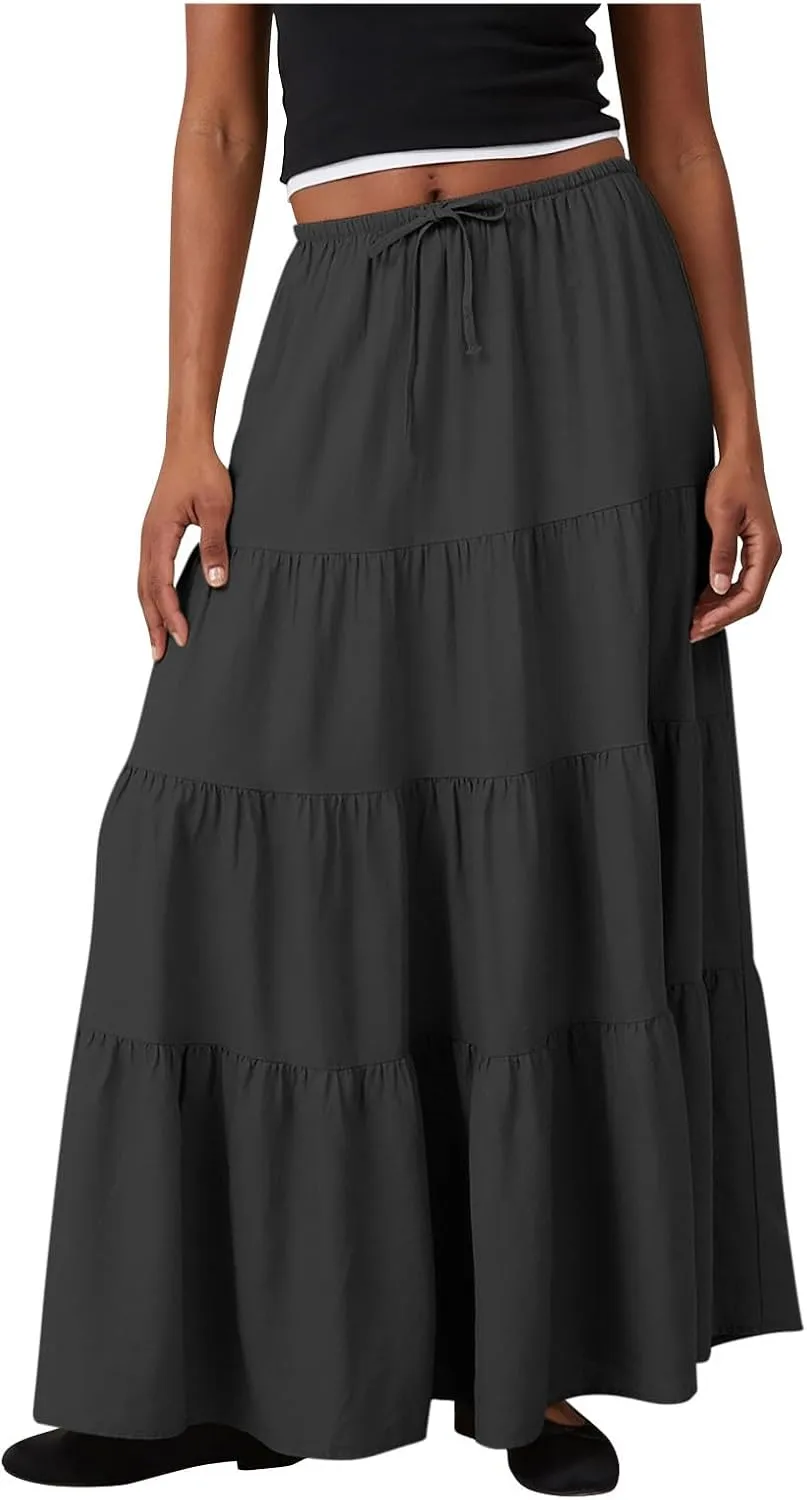 Women Casual Tiered Maxi Skirt Flowy Swing Pleated Beach Long Skirts Summer Elastic High Waisted A Line Mini Skirt