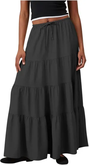 Women Casual Tiered Maxi Skirt Flowy Swing Pleated Beach Long Skirts Summer Elastic High Waisted A Line Mini Skirt