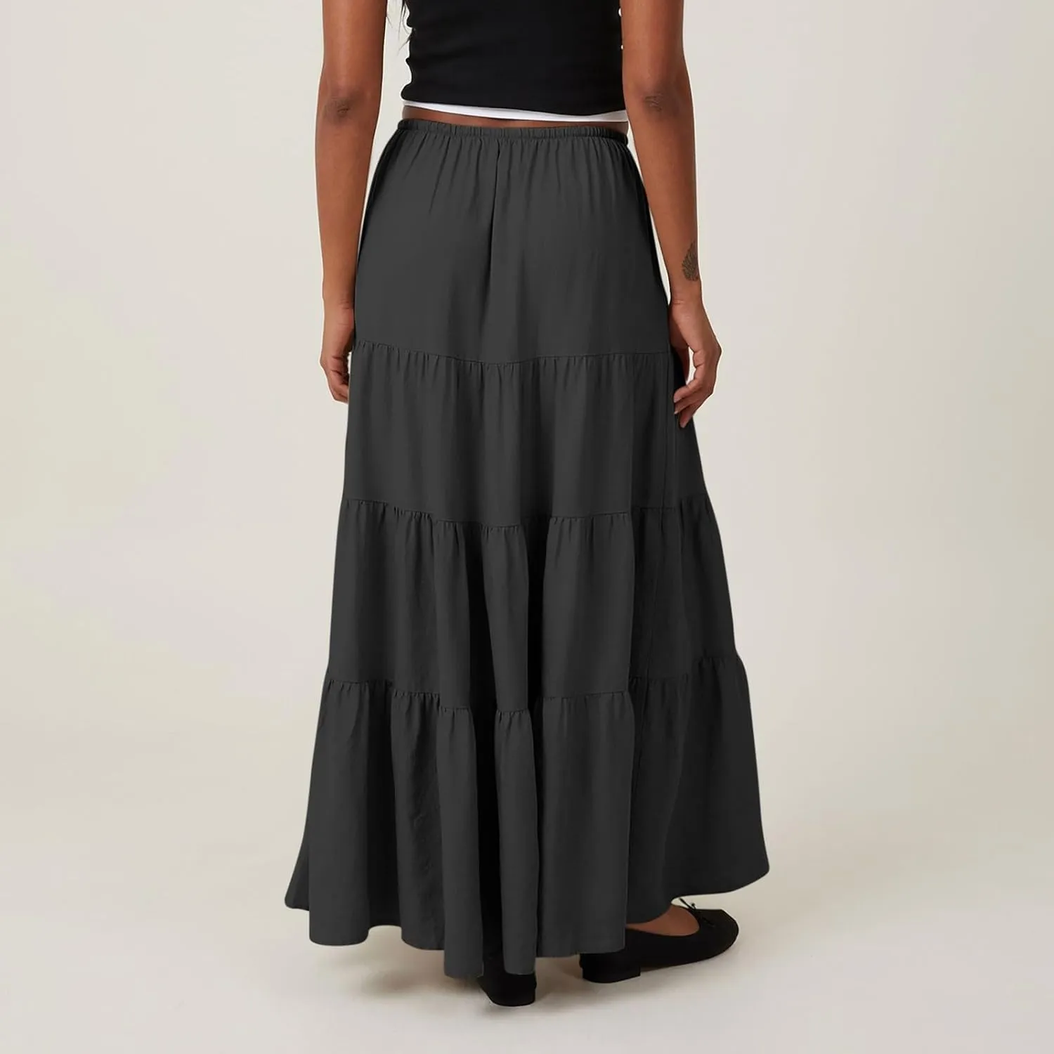 Women Casual Tiered Maxi Skirt Flowy Swing Pleated Beach Long Skirts Summer Elastic High Waisted A Line Mini Skirt