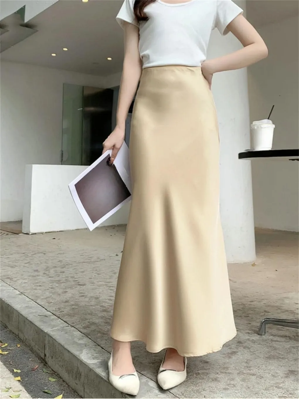 Women Elegant Satin Fishtail Skirts Temperament Long Skirt Solid Color All-Match Dress