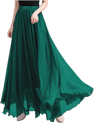 Women Fashion Elegant Maxi Skirts Solid Color Elastic High Waist Long Skirt Summer Trendy Flowy Swing Chiffon Skirt