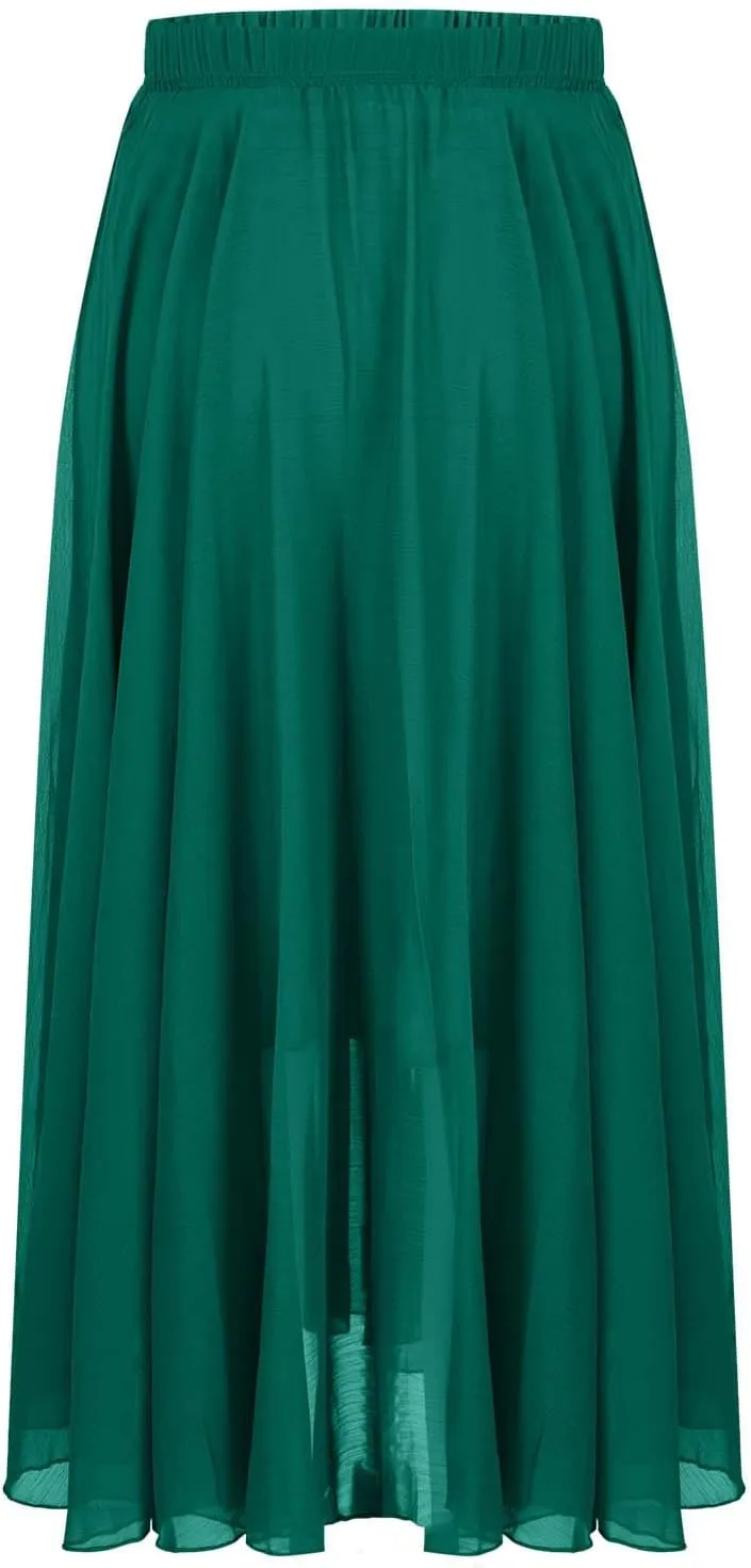 Women Fashion Elegant Maxi Skirts Solid Color Elastic High Waist Long Skirt Summer Trendy Flowy Swing Chiffon Skirt