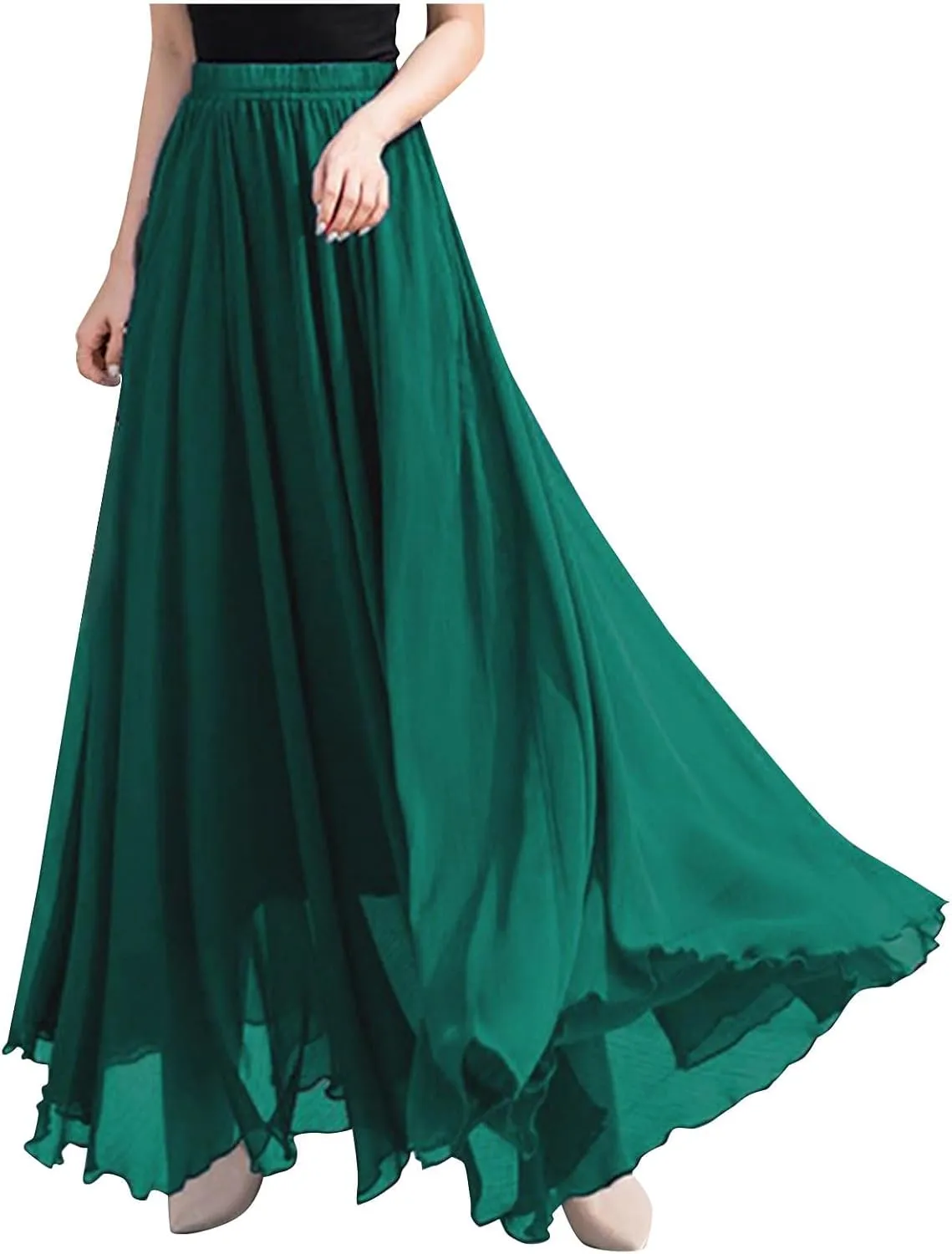 Women Fashion Elegant Maxi Skirts Solid Color Elastic High Waist Long Skirt Summer Trendy Flowy Swing Chiffon Skirt