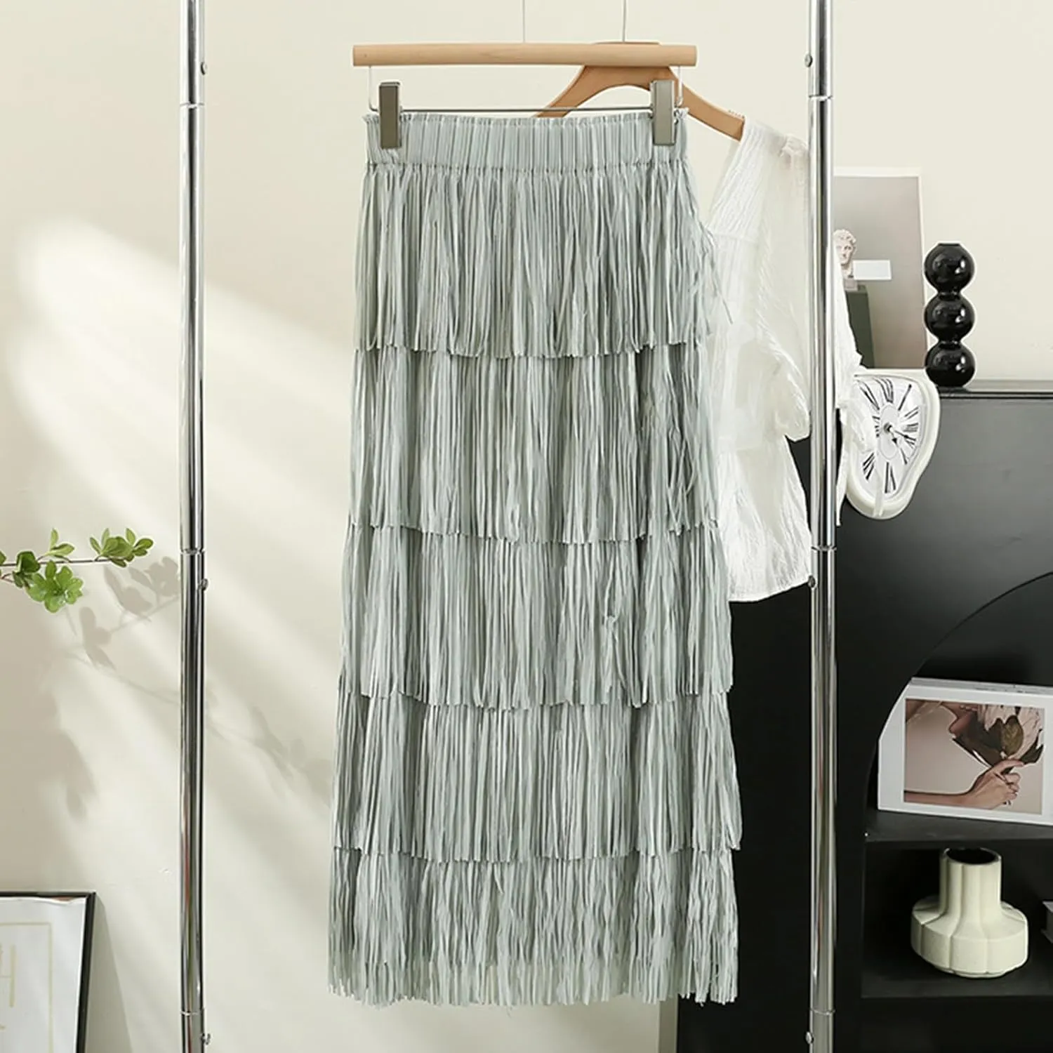 Women Fringe Skirt Solid Color High Waist Mesh Tiered Tassel Midi Skirts 2025 Fashion Elegant Vacation Beach Skorts