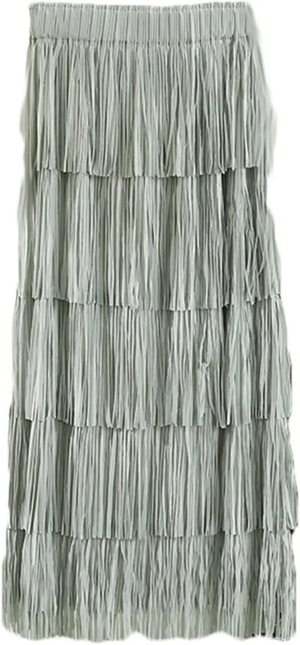 Women Fringe Skirt Solid Color High Waist Mesh Tiered Tassel Midi Skirts 2025 Fashion Elegant Vacation Beach Skorts
