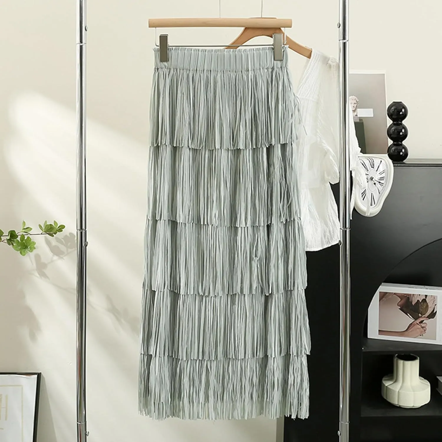 Women Fringe Skirt Solid Color High Waist Mesh Tiered Tassel Midi Skirts 2025 Fashion Elegant Vacation Beach Skorts