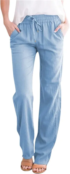 Women Linen Pants Casual Straight Leg Work Pants Drawstring Waist Long Pants Comfy Work Trousers Summer Jogger Pants