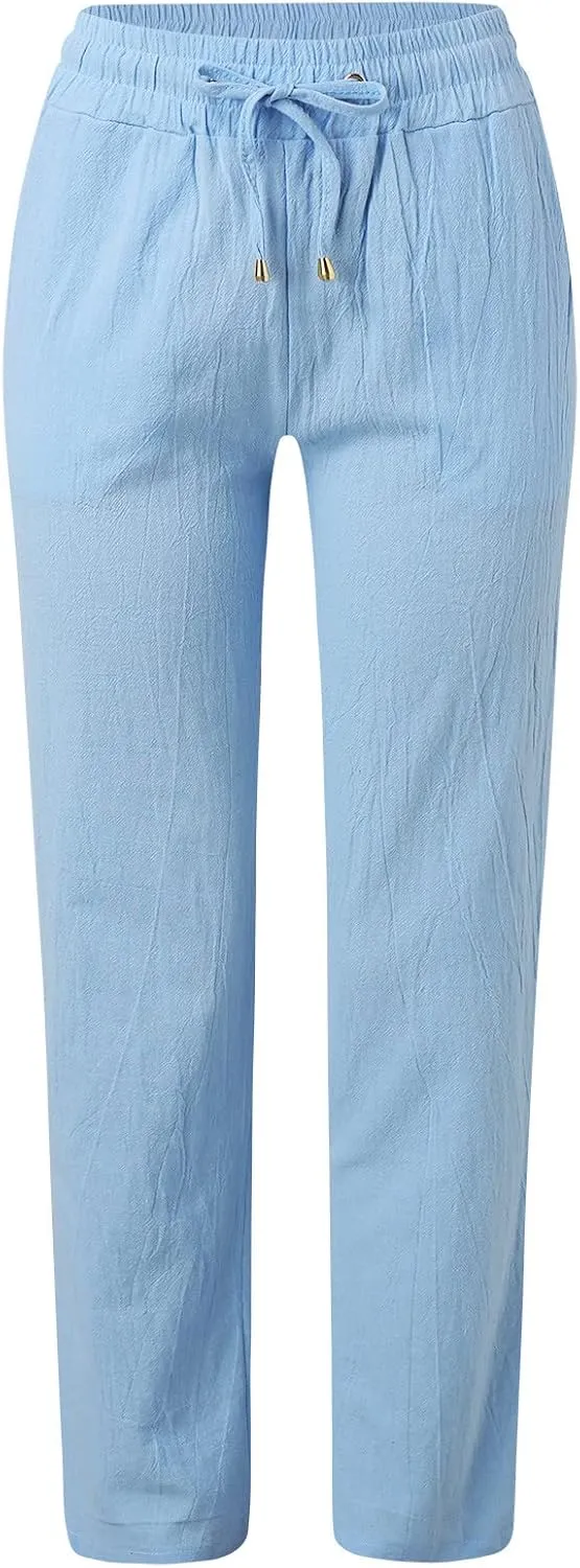 Women Linen Pants Casual Straight Leg Work Pants Drawstring Waist Long Pants Comfy Work Trousers Summer Jogger Pants