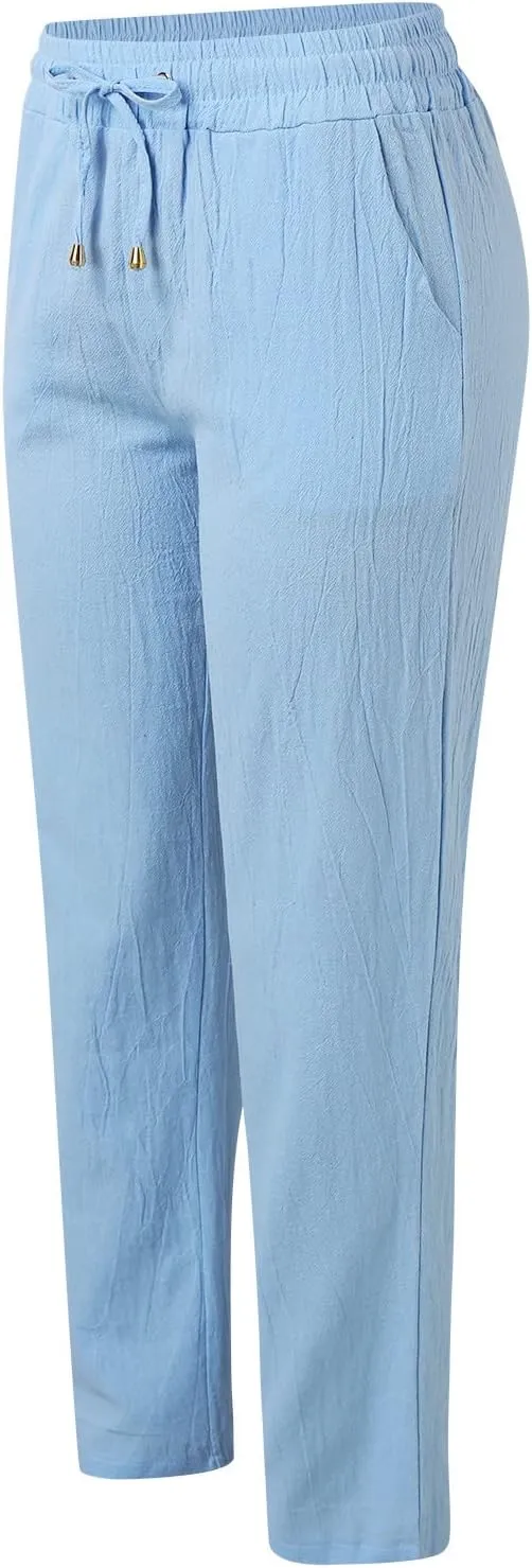 Women Linen Pants Casual Straight Leg Work Pants Drawstring Waist Long Pants Comfy Work Trousers Summer Jogger Pants