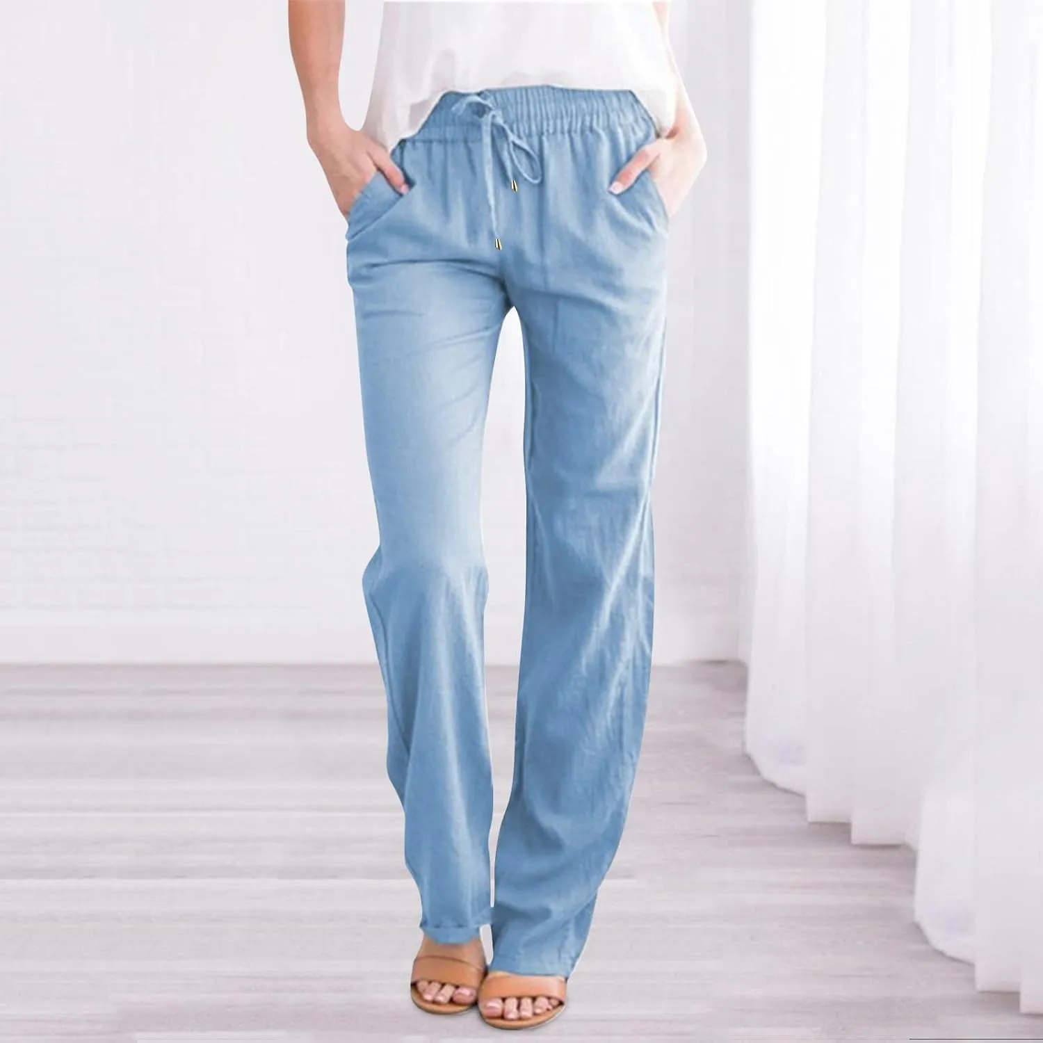 Women Linen Pants Casual Straight Leg Work Pants Drawstring Waist Long Pants Comfy Work Trousers Summer Jogger Pants