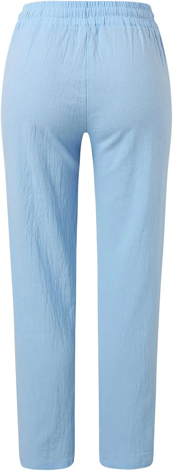 Women Linen Pants Casual Straight Leg Work Pants Drawstring Waist Long Pants Comfy Work Trousers Summer Jogger Pants