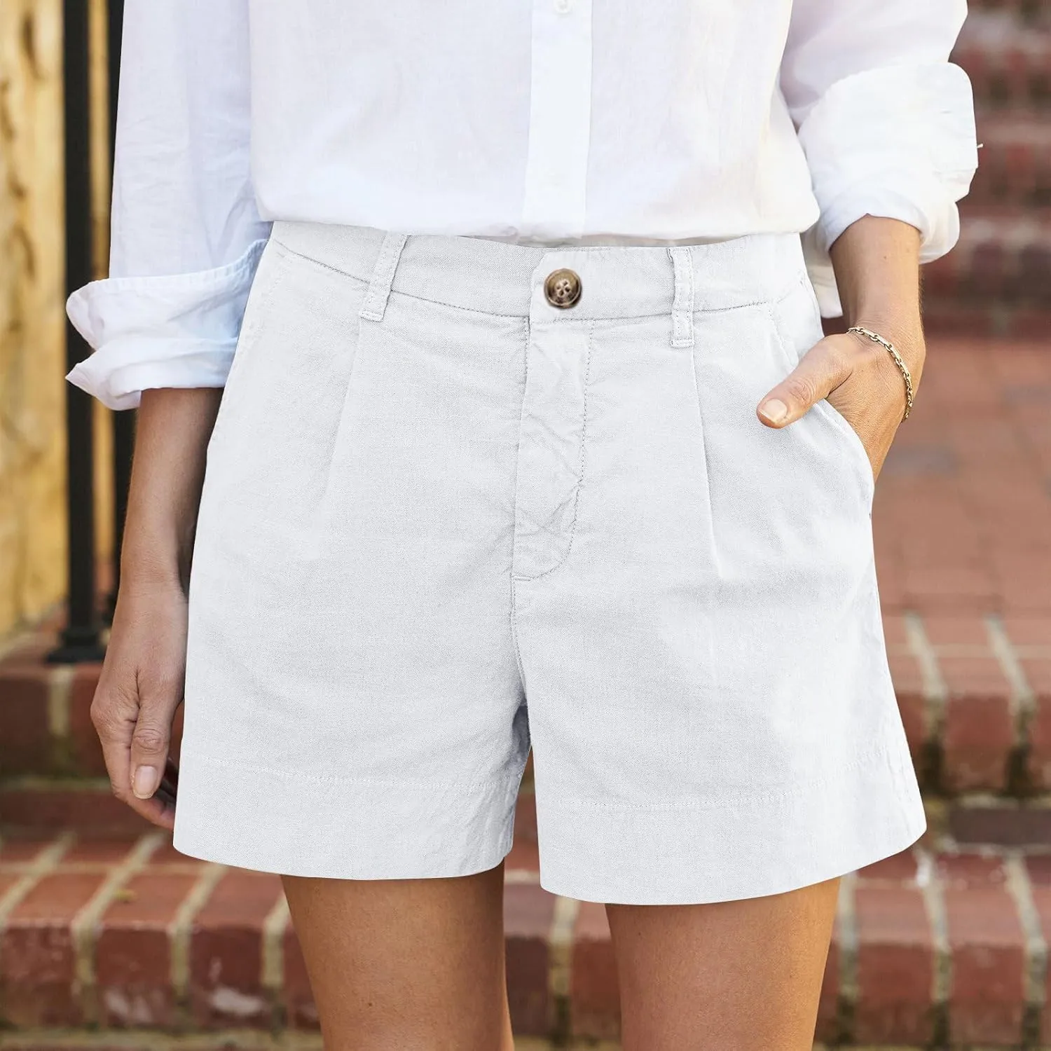 Women Linen Shorts Summer Casual Chino Shorts High Waisted Bermuda Shorts Dressy Wide Leg Shorts with Pockets