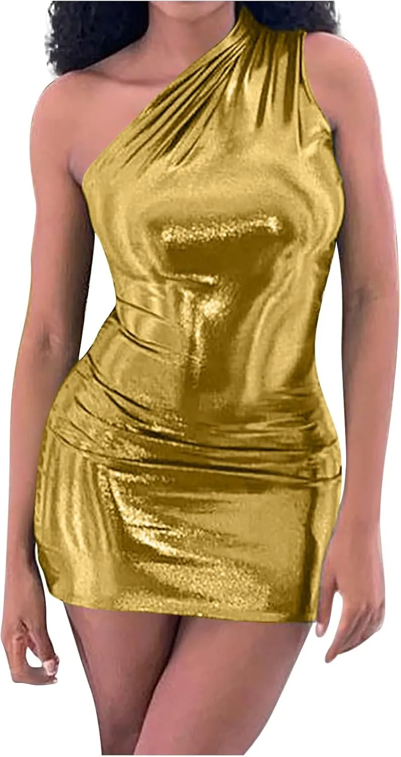 Women Metallic Mini Dress Sexy One Shoulder Sleeveless Backless Bodycon Party Club Short Dresses Shiny Cocktail Dress