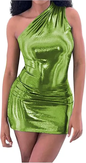 Women Metallic Mini Dress Sexy One Shoulder Sleeveless Backless Bodycon Party Club Short Dresses Shiny Cocktail Dress