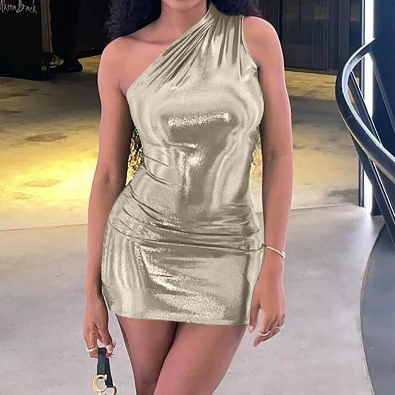 Women Metallic Mini Dress Sexy One Shoulder Sleeveless Backless Bodycon Party Club Short Dresses Shiny Cocktail Dress