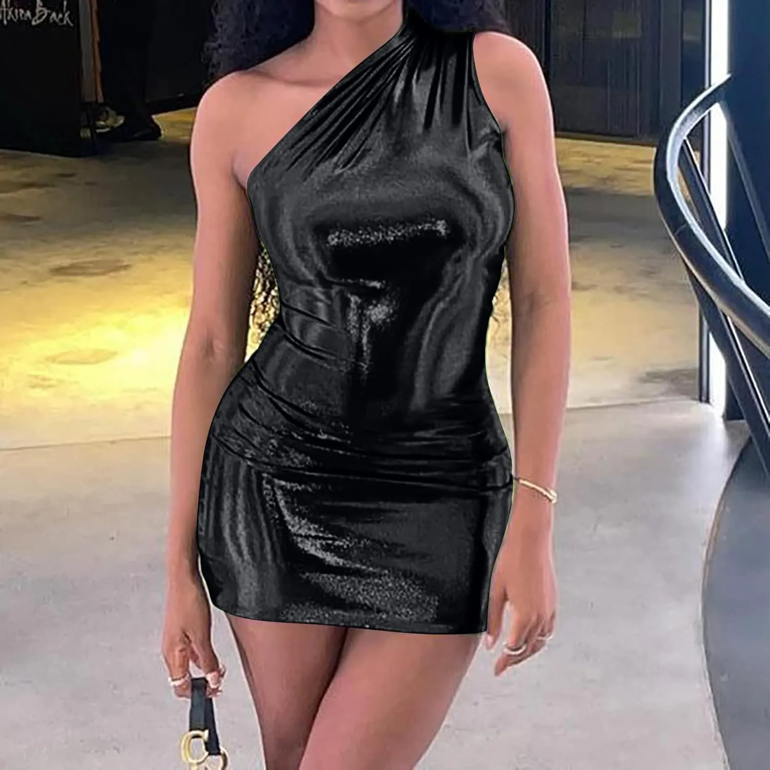 Women Metallic Mini Dress Sexy One Shoulder Sleeveless Backless Bodycon Party Club Short Dresses Shiny Cocktail Dress