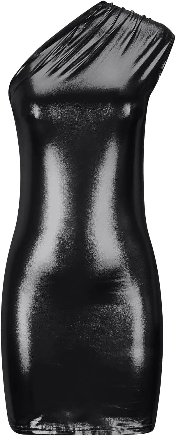 Women Metallic Mini Dress Sexy One Shoulder Sleeveless Backless Bodycon Party Club Short Dresses Shiny Cocktail Dress