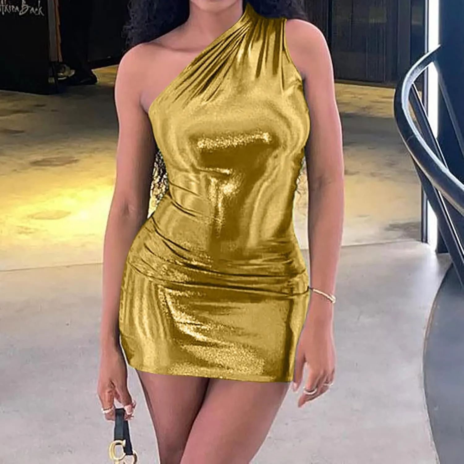 Women Metallic Mini Dress Sexy One Shoulder Sleeveless Backless Bodycon Party Club Short Dresses Shiny Cocktail Dress