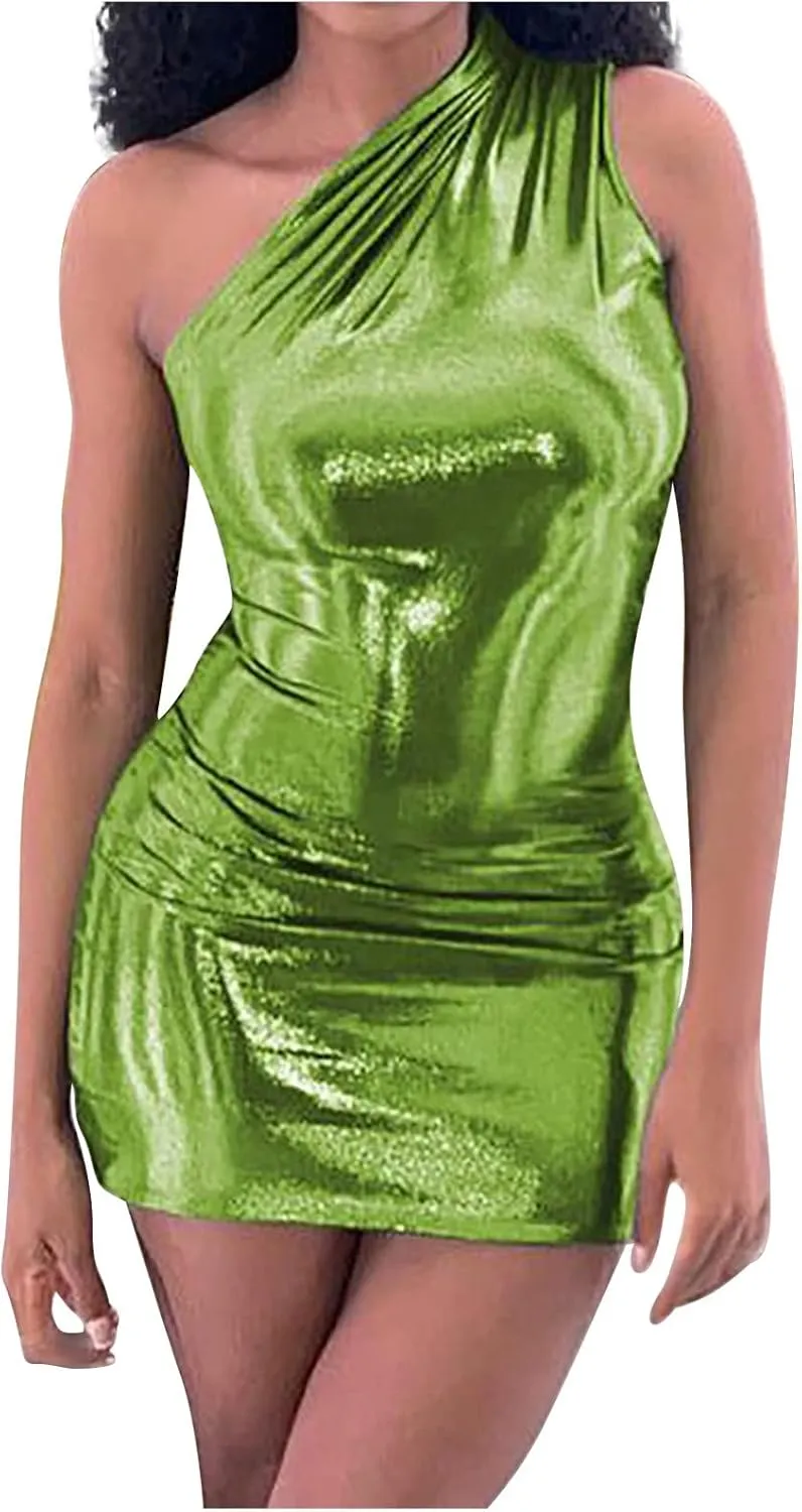 Women Metallic Mini Dress Sexy One Shoulder Sleeveless Backless Bodycon Party Club Short Dresses Shiny Cocktail Dress