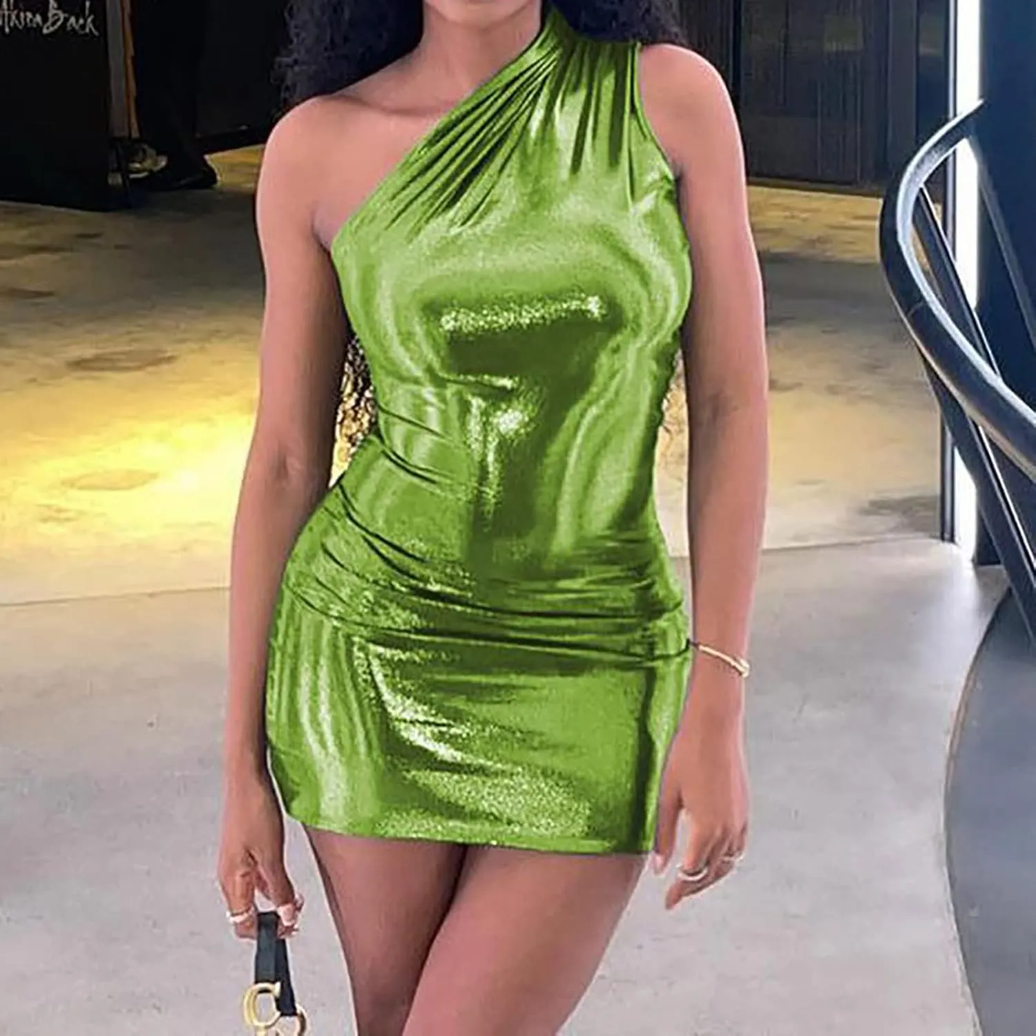 Women Metallic Mini Dress Sexy One Shoulder Sleeveless Backless Bodycon Party Club Short Dresses Shiny Cocktail Dress