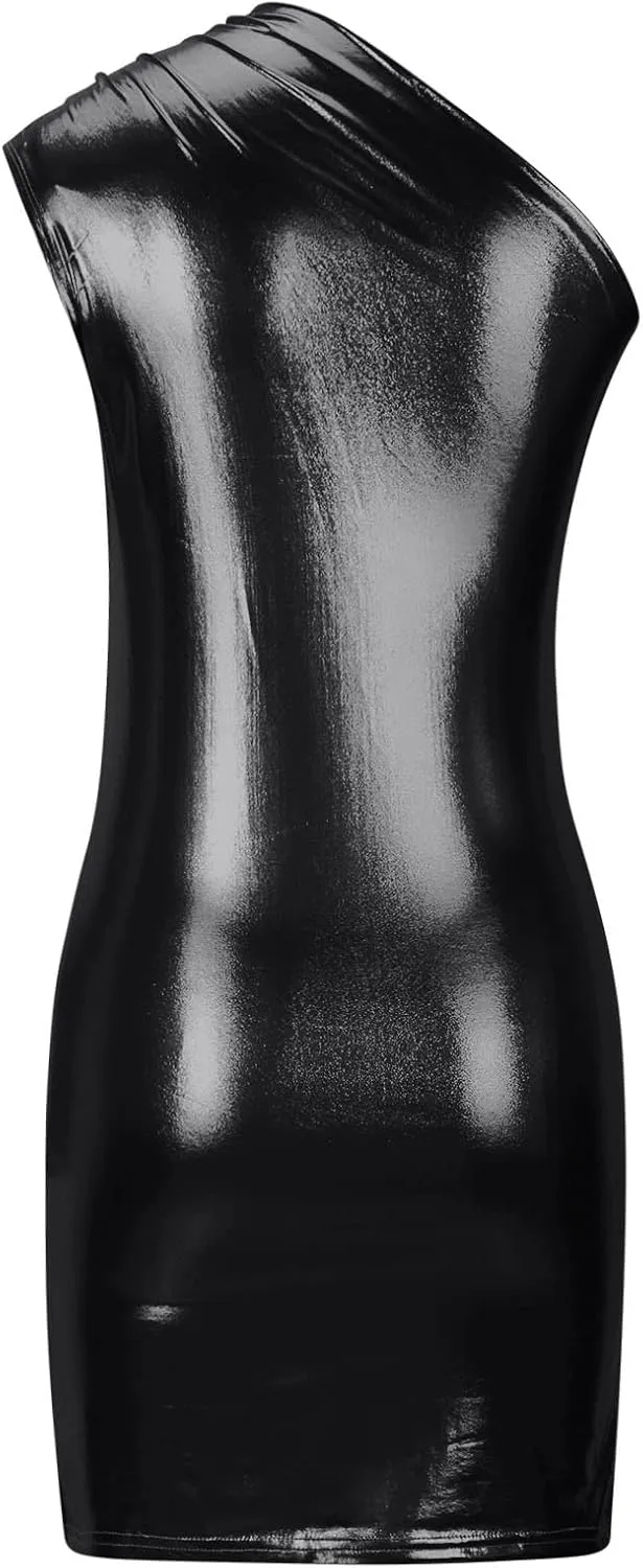 Women Metallic Mini Dress Sexy One Shoulder Sleeveless Backless Bodycon Party Club Short Dresses Shiny Cocktail Dress