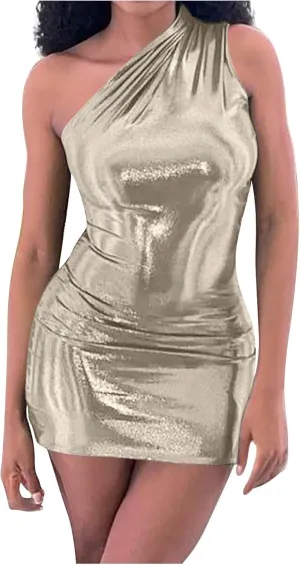 Women Metallic Mini Dress Sexy One Shoulder Sleeveless Backless Bodycon Party Club Short Dresses Shiny Cocktail Dress