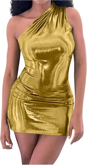 Women Metallic Mini Dress Sexy One Shoulder Sleeveless Backless Bodycon Party Club Short Dresses Shiny Cocktail Dress